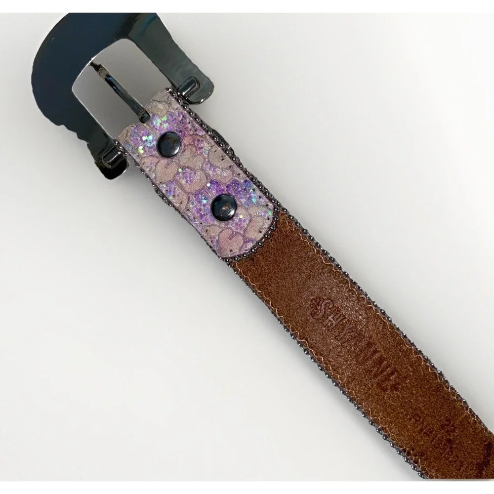 Shyanne Girls Pink Iridescent Heart‎ Floral Leather Rhinestone Western Belt 22